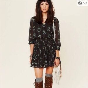 Black Printed Long-Sleeve Mini Dress
